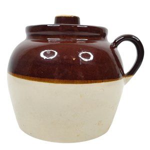 Vintage Bean Pot Soup Crock Stoneware Pottery Handle Made In USA Brown Cream